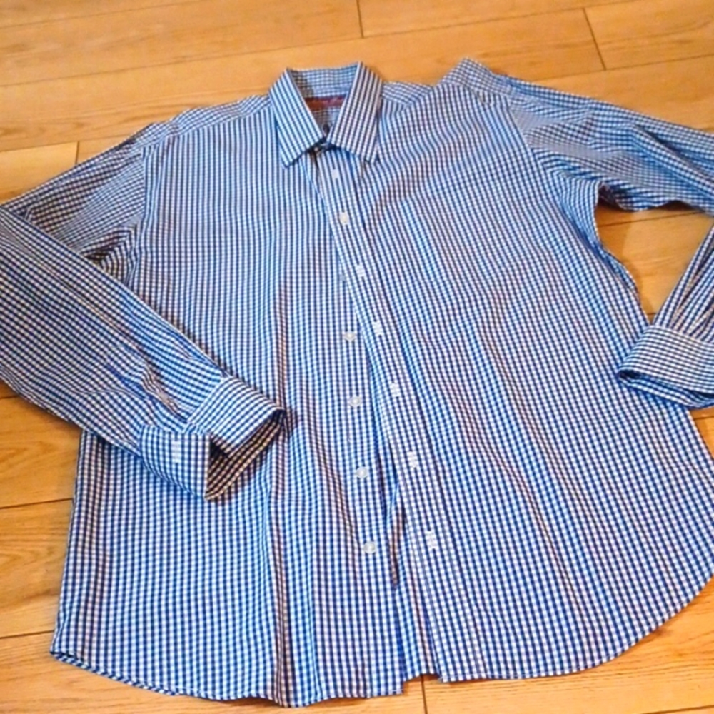Milano Custom Made Fashion French cuff Blue/white Checkered LS Shirt EUC